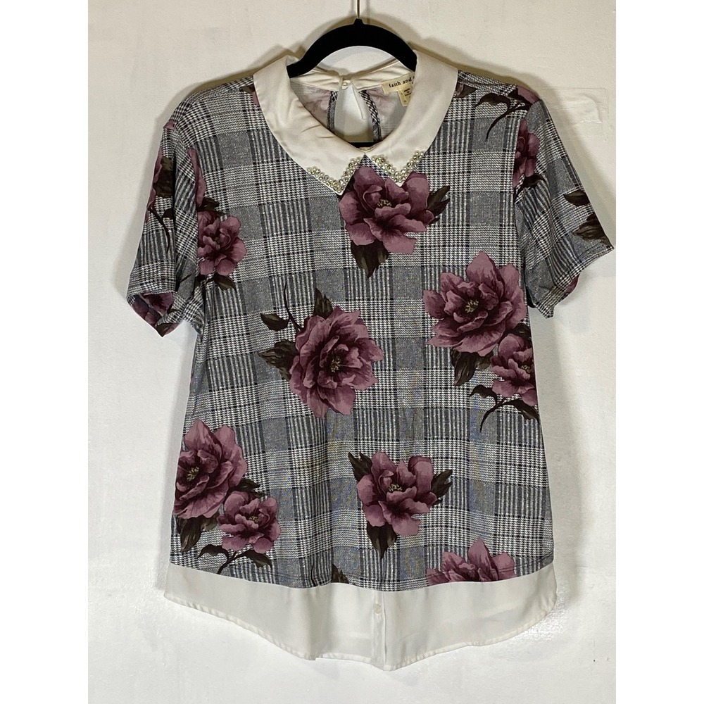 Faith and Joy Floral Plaid Blouse Large Jeweled Peter Pan Collar Cottagecore